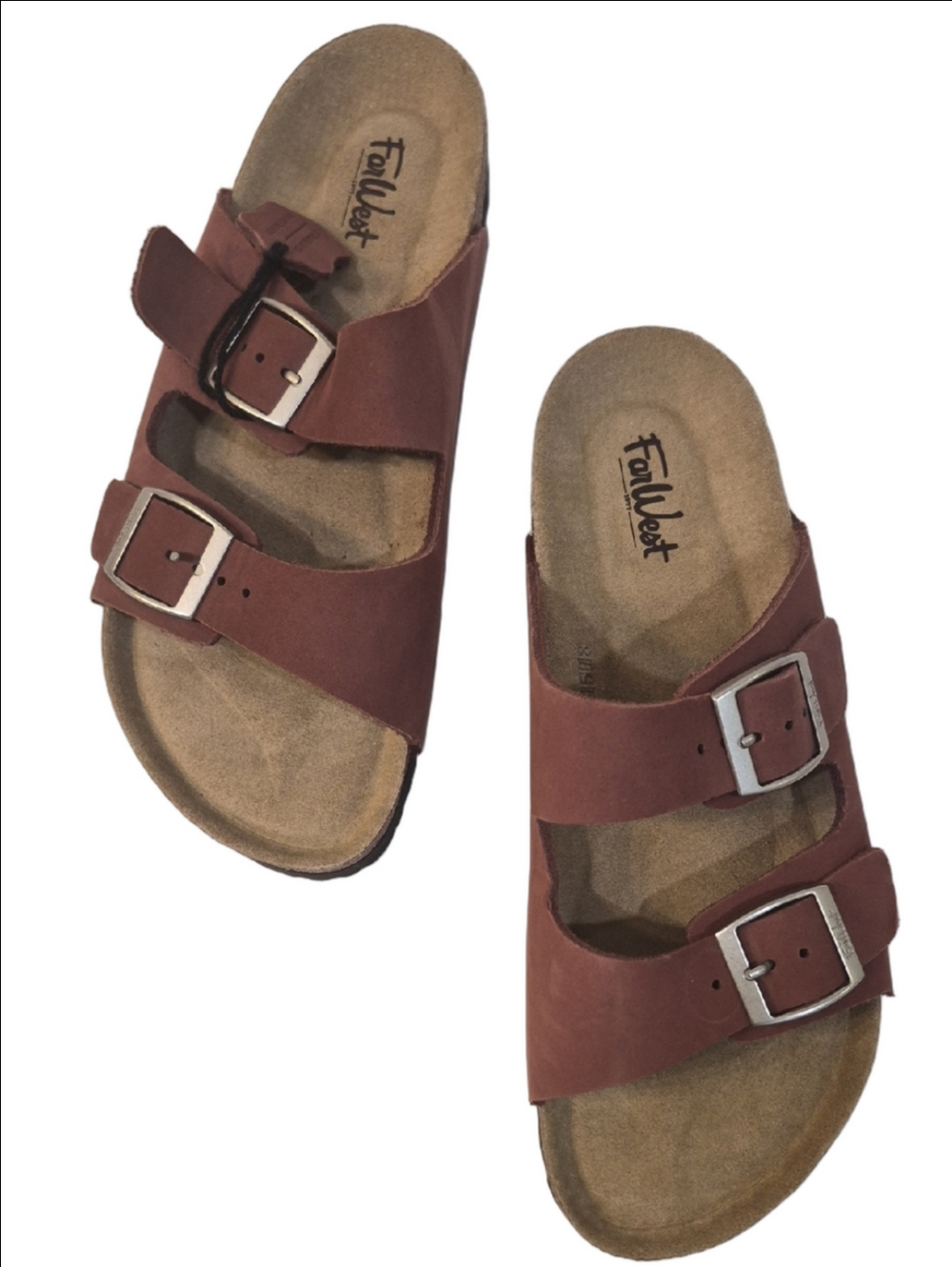Far West Cork Strap Leather Sandle In A  Terracotta Color.